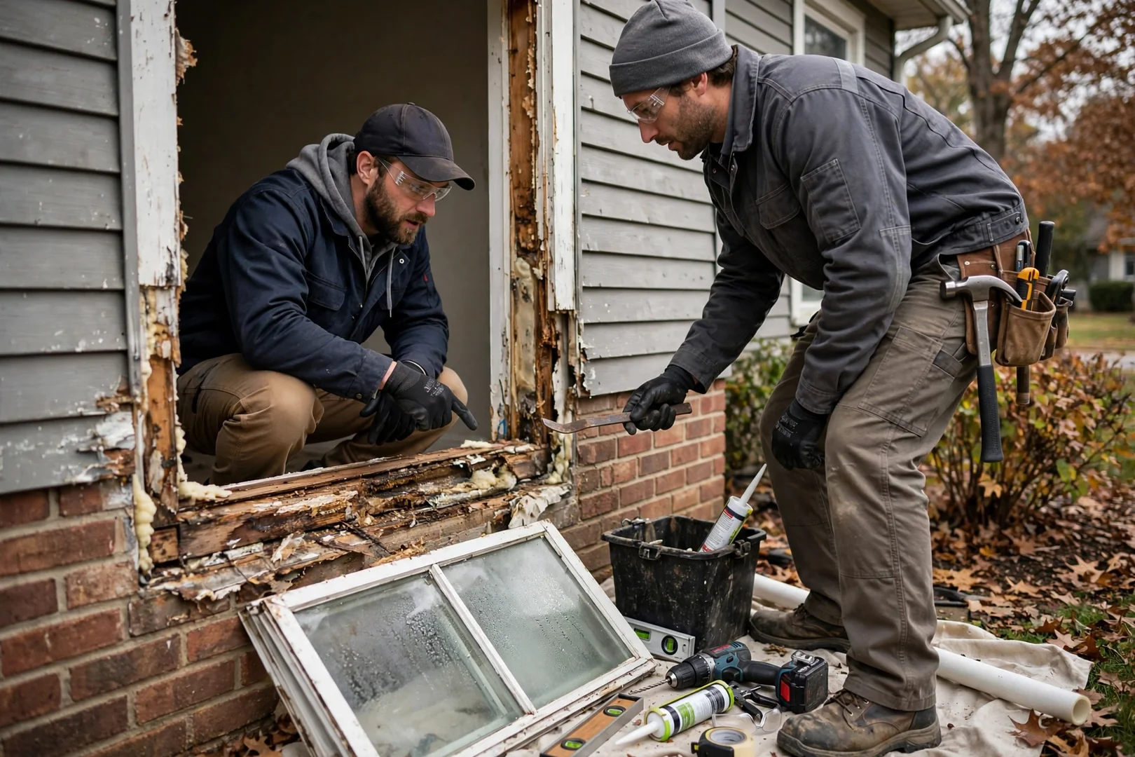 Installer setting a new bay window unit into a prepared opening on an O'Fallon home