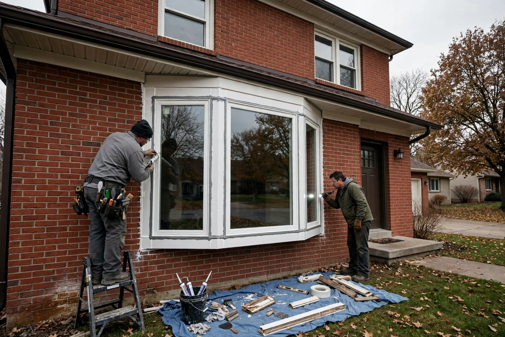 Wide view of a completed three-panel bay window on a brick two-story home
