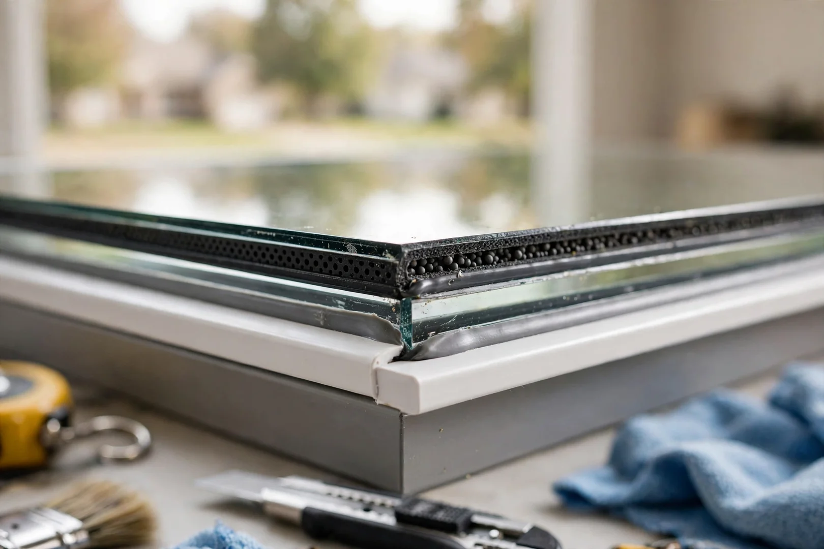 Close-up of new insulated glass and warm-edge spacer in a replacement bay unit