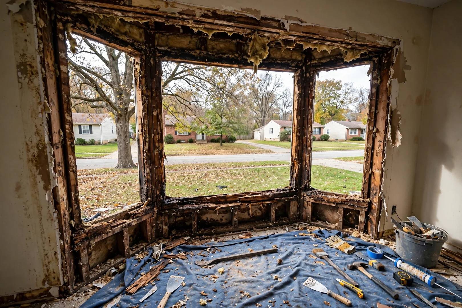 Rotted seat board and sill framing exposed during bay window removal