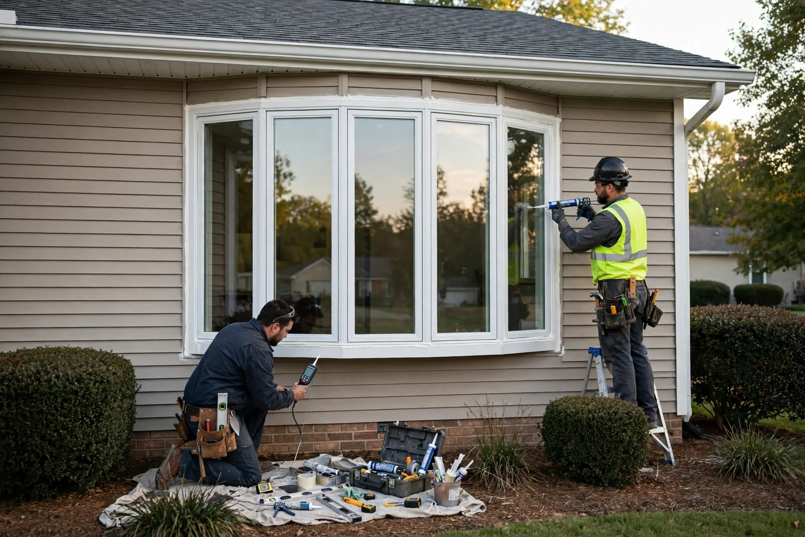 Bow window with five curved panels installed across a ranch home front wall