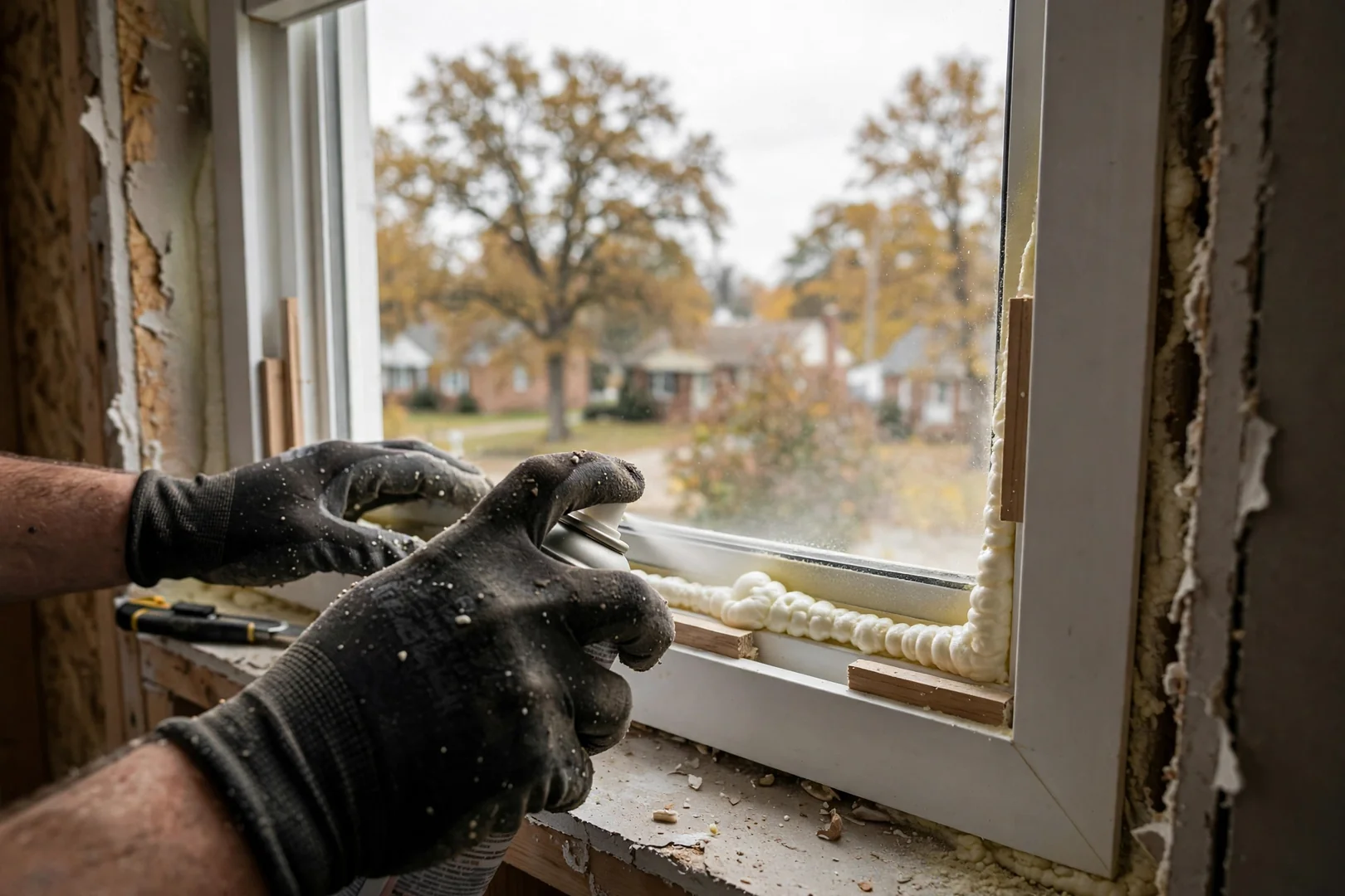 Installer applying low-expansion foam insulation around a set bay window frame