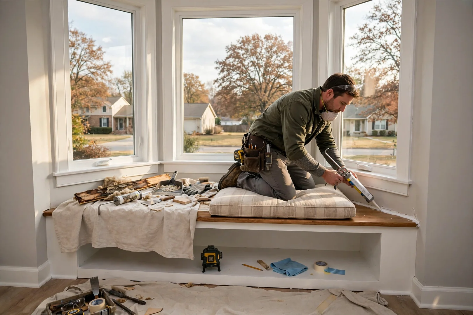 Finished interior bay window with new trim, drywall returns and cushioned seat