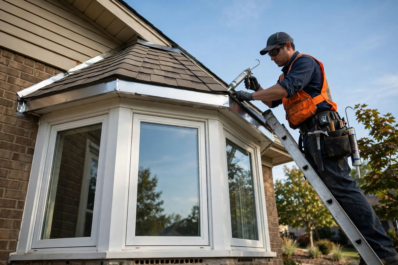 Repaired roof cap and flashing detail above an exterior bay window projection