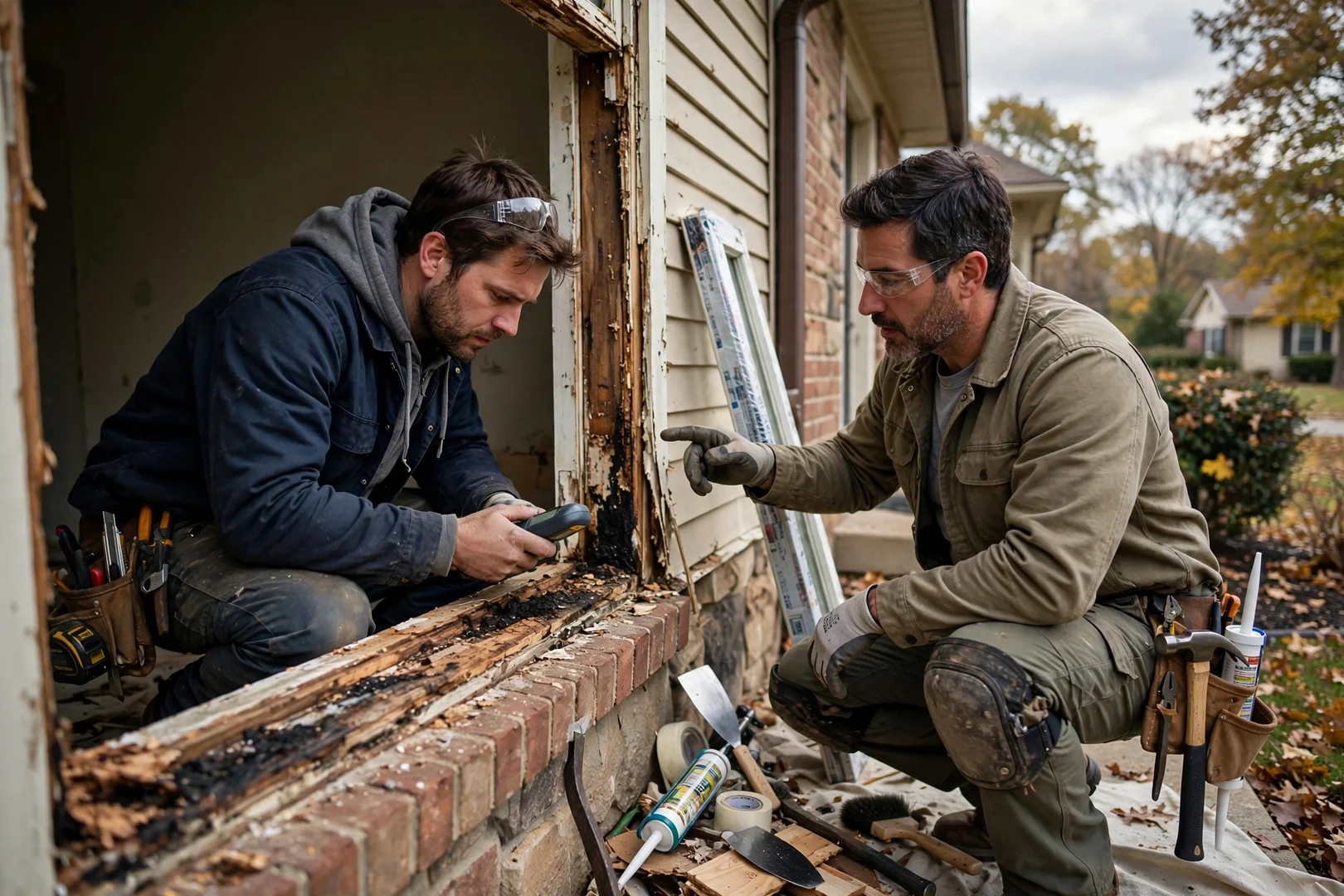 Installers setting a multi-unit bow window assembly into a prepared opening on a home