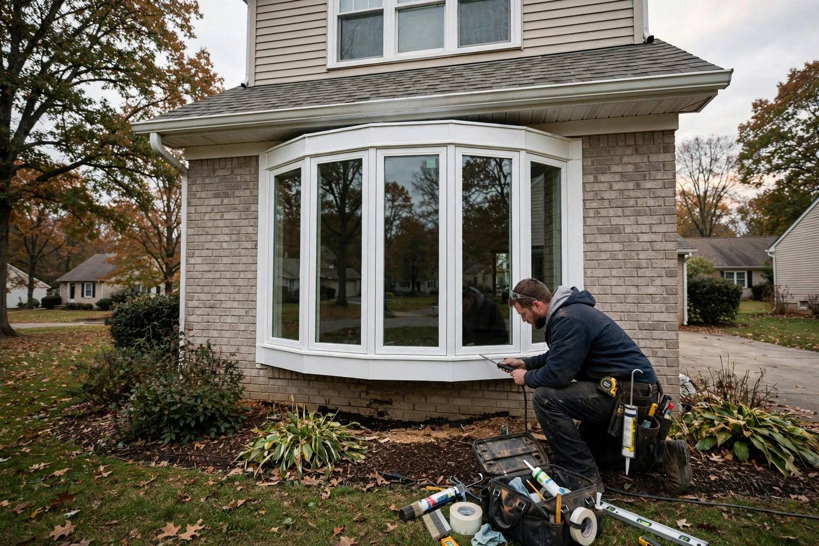 Finished five-lite bow window with white cladding on a two-story O'Fallon home