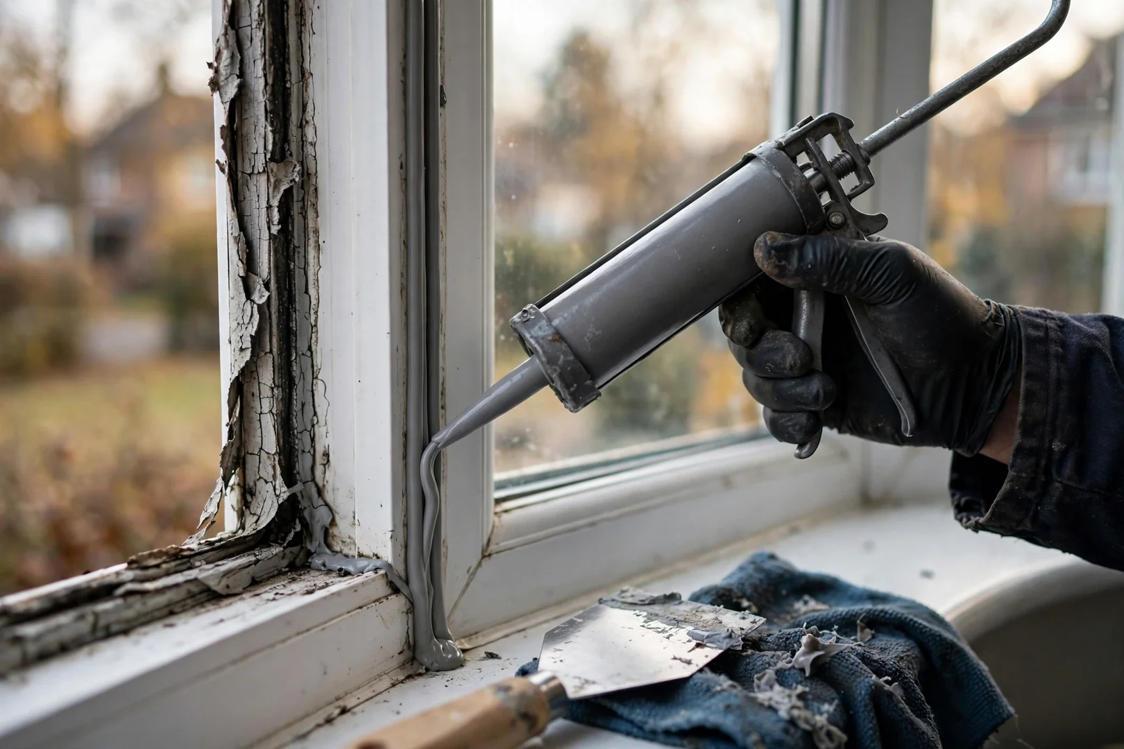 Close-up of mulled joints and fresh sealant between adjoining bow window sashes
