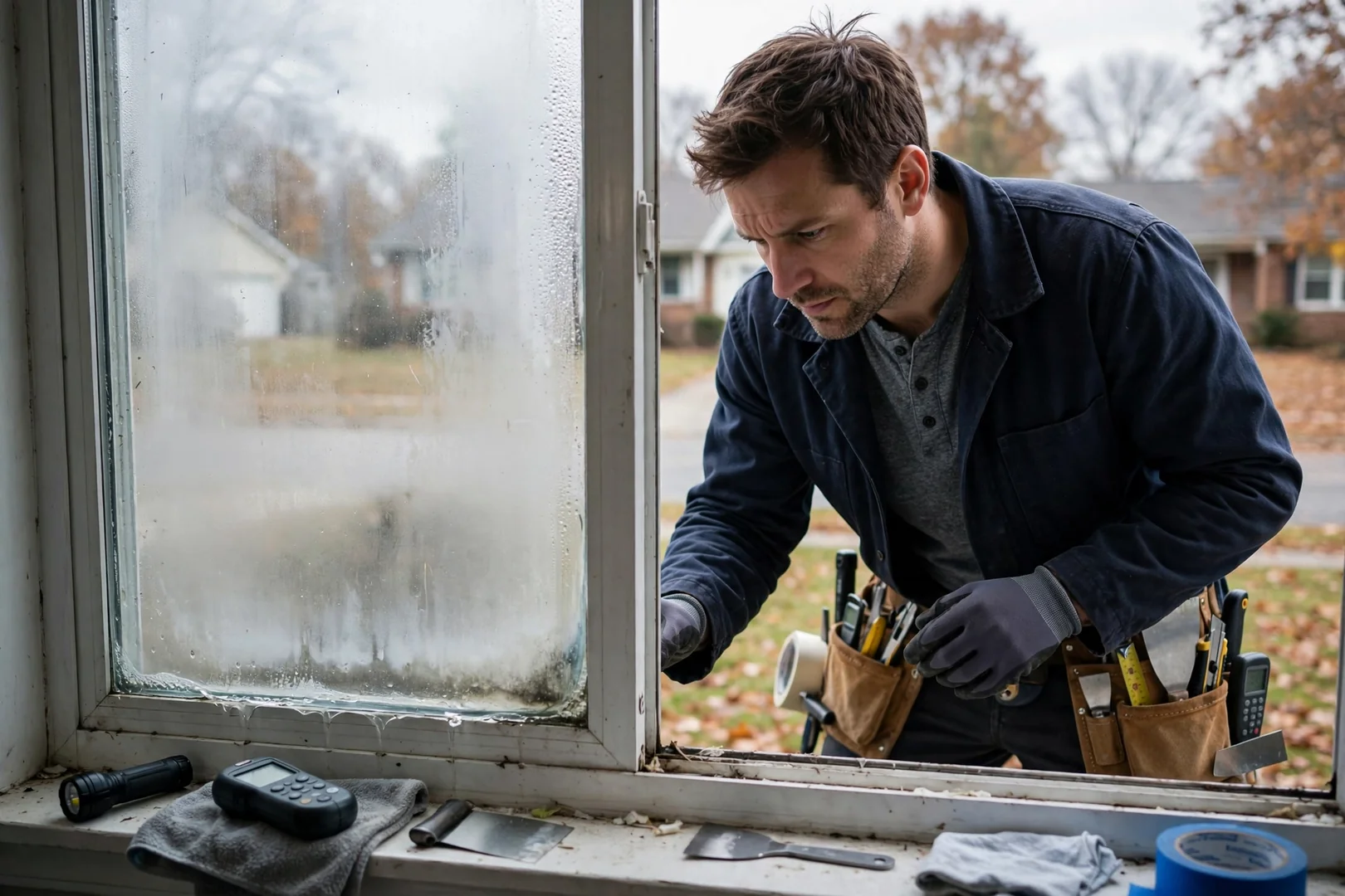Failed insulated glass unit showing fogging and moisture between panes before replacement