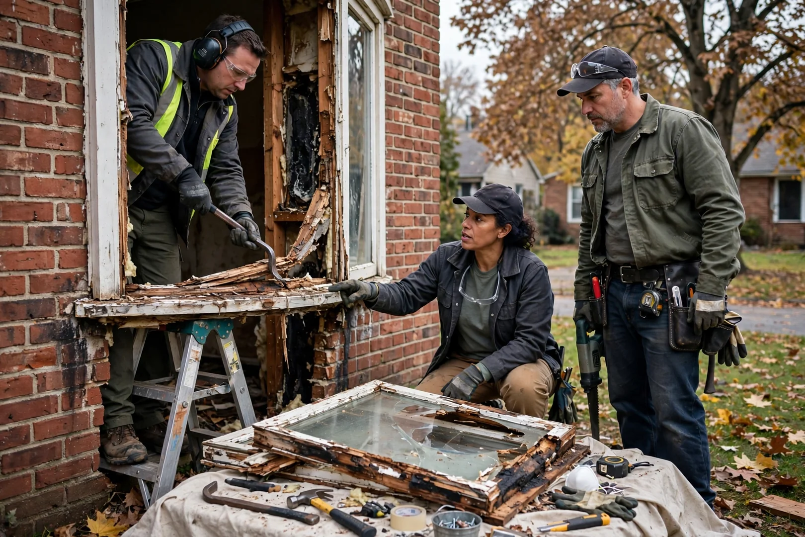 Crew removing an aging bow window assembly in sections from a brick facade