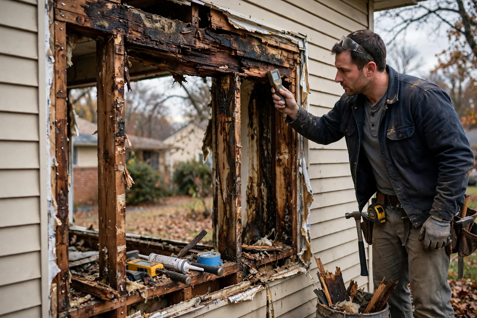 Rotted head board and water-stained framing exposed after old bow window removal