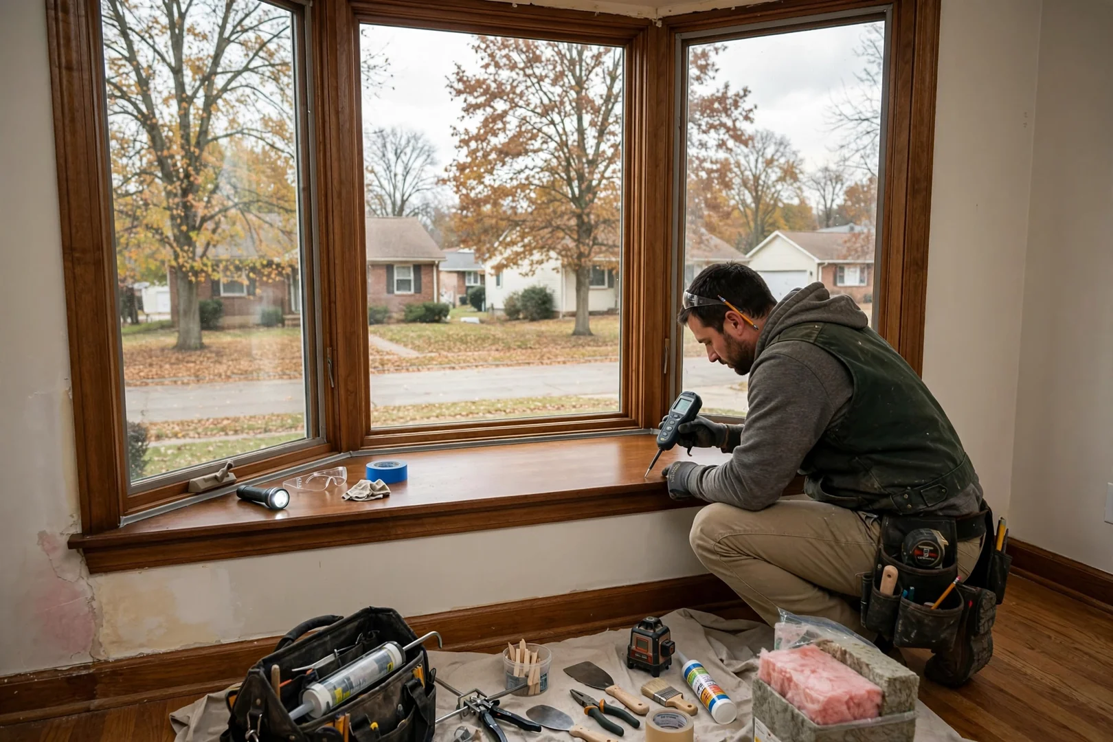 Interior view of a completed bow window seat board with stained casing and clear glass
