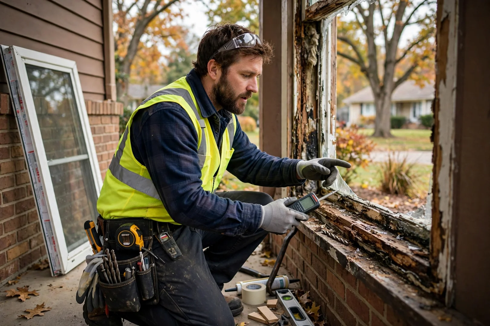 Installer fitting a new casement window sash and crank operator in an O'Fallon home