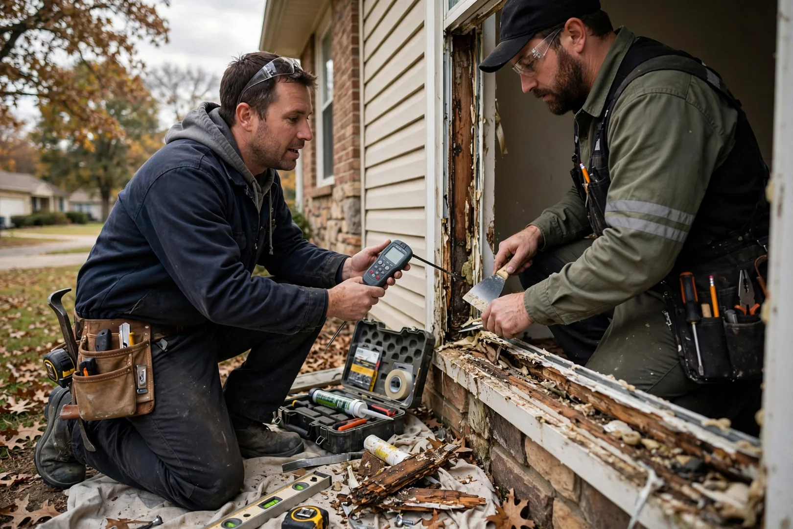 Installer checking casement sash operation and hinge alignment on an O'Fallon home window