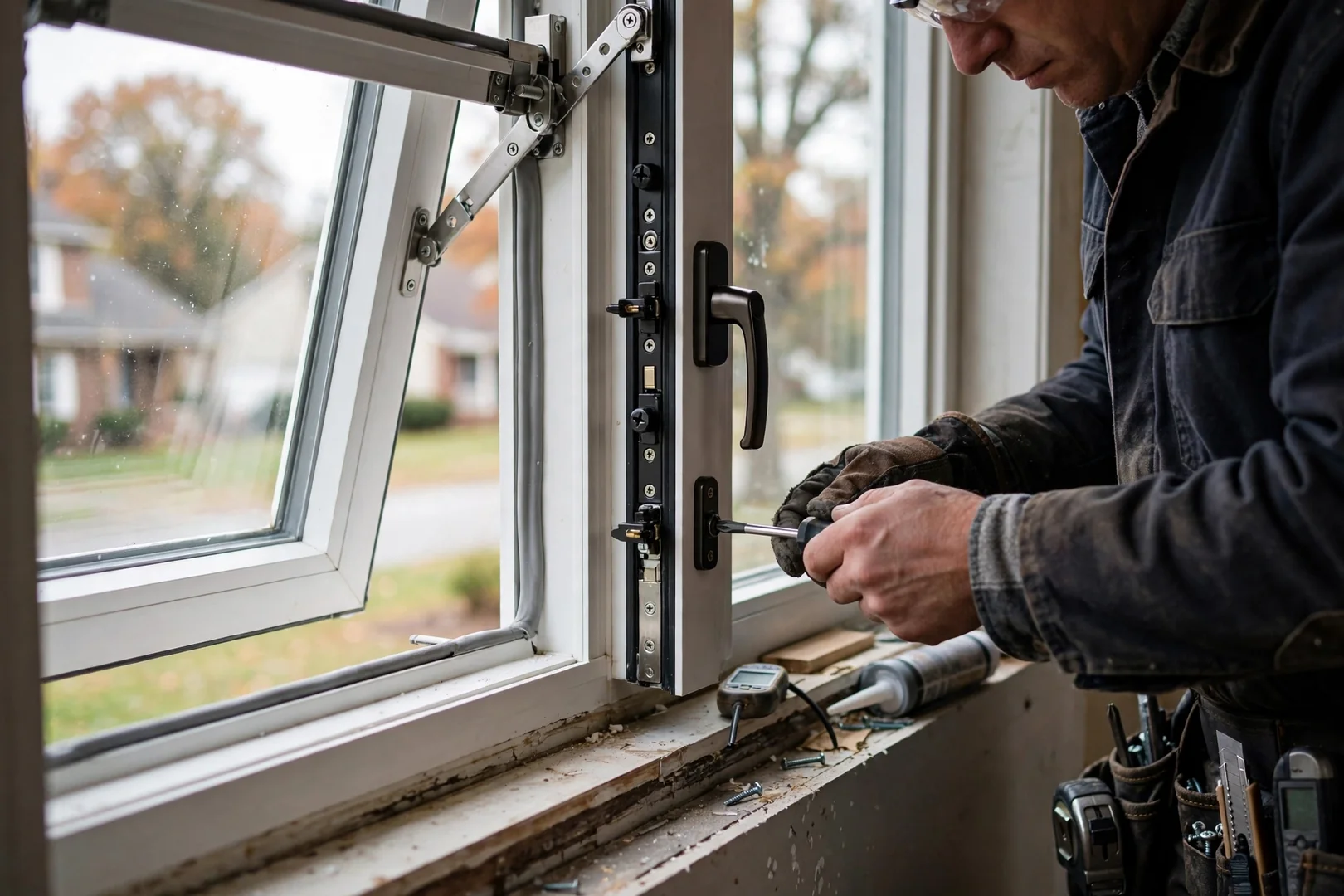 Close-up of newly installed casement sash with hinge arm and multipoint lock hardware
