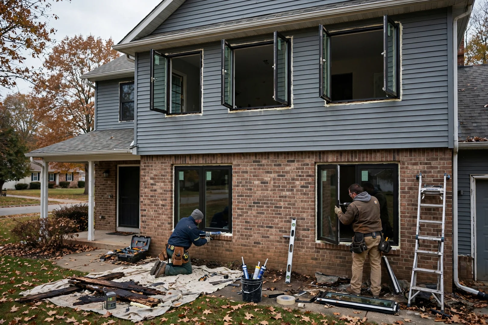 Wide view of a two-story O'Fallon home with replacement casement windows across the front elevation