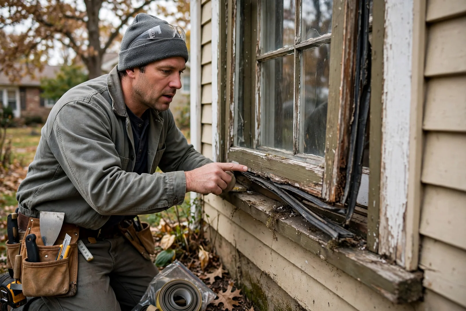 Aging wood casement showing sash sag and failed weatherstripping before replacement