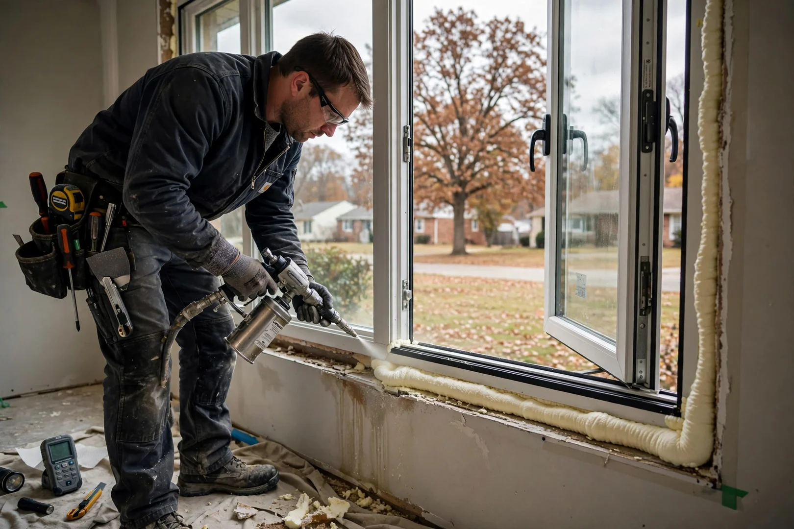 Installer applying low-expansion foam and sealant around a new casement frame