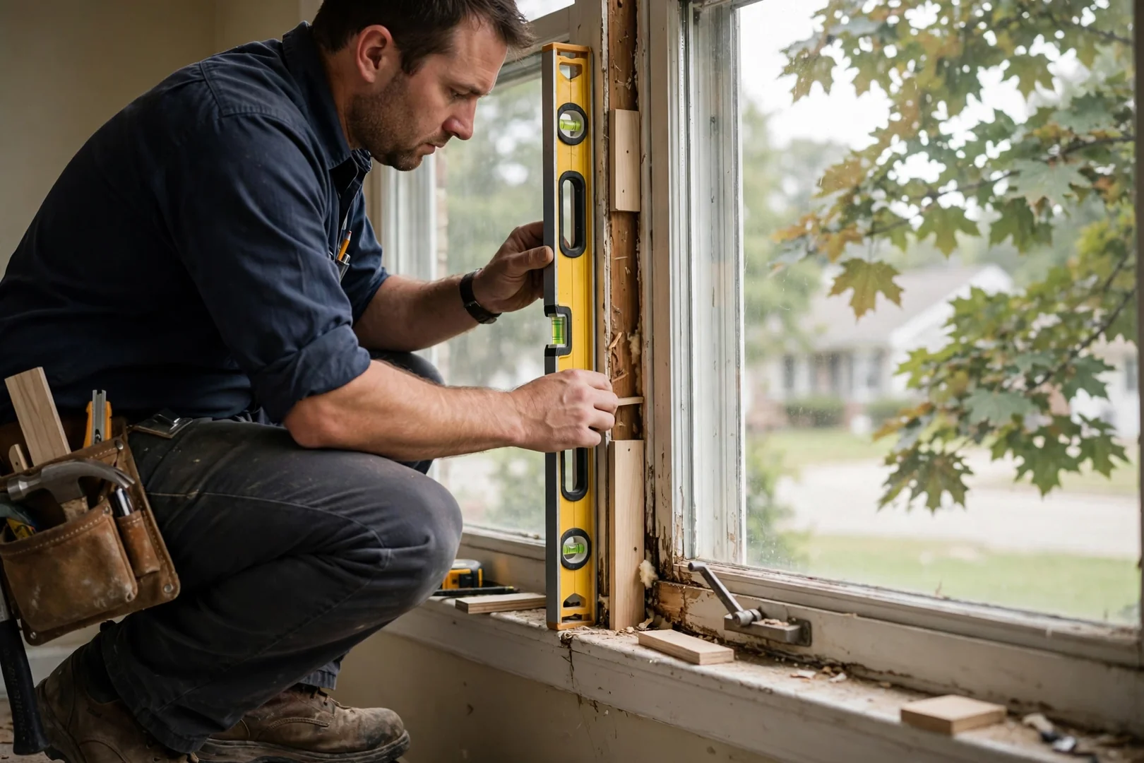 Level and shims set against a casement jamb during precise plumb alignment
