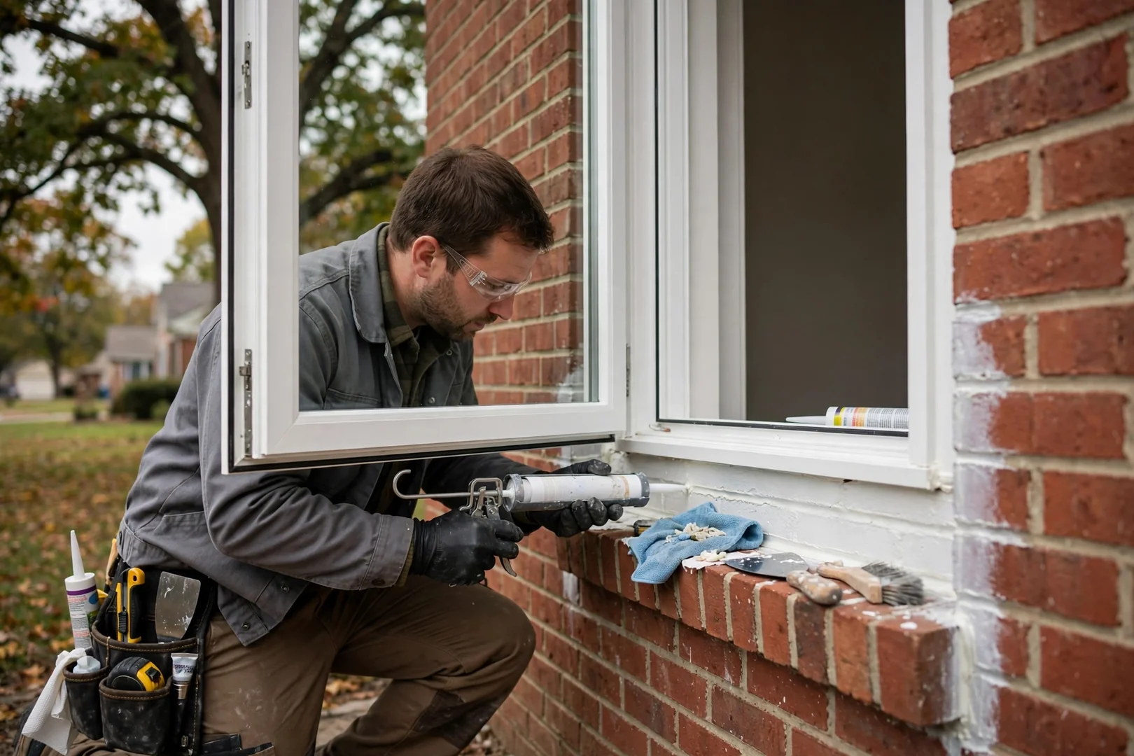 Finished casement window with clean interior trim and freshly caulked exterior brick mould