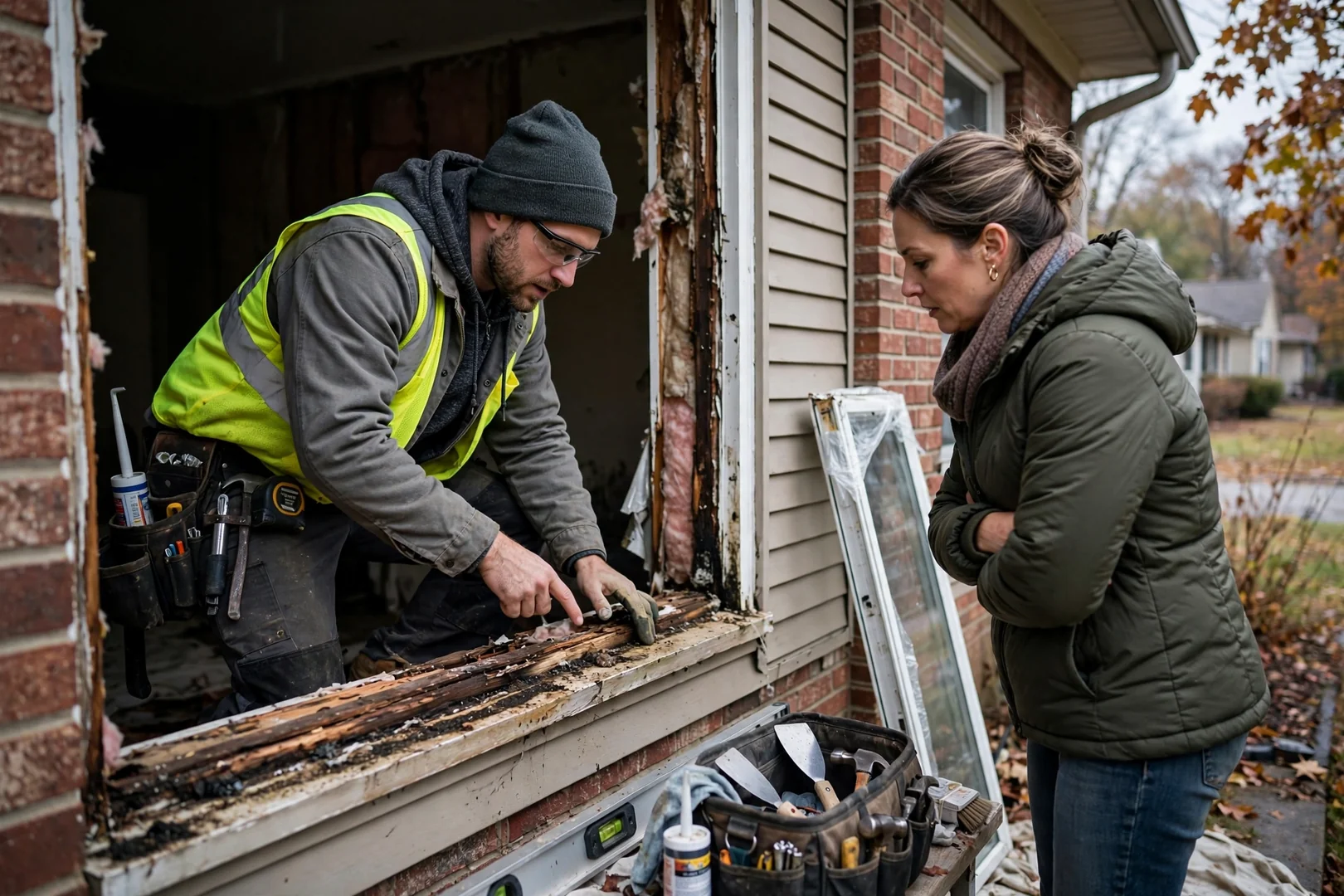 Homeowner reviewing a written double hung window replacement estimate at a kitchen table