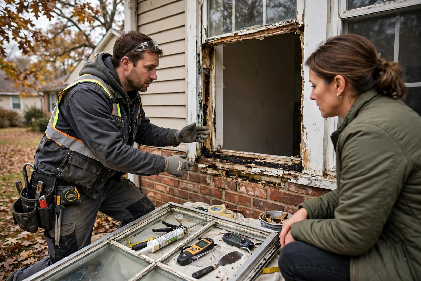 Installer fitting a new double hung window into a squared opening on an O'Fallon home