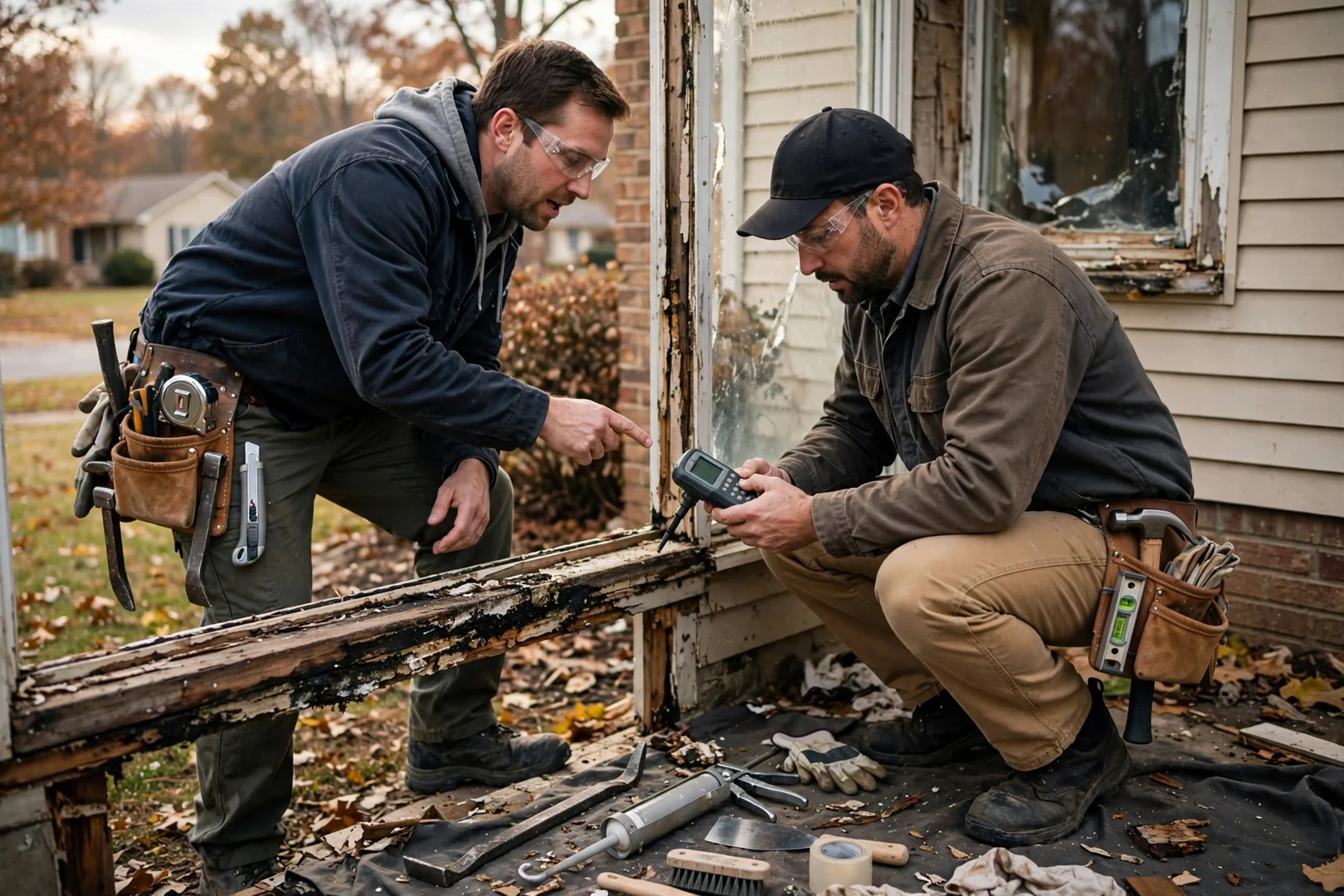 Installer setting a new double hung window into a prepared opening on an O'Fallon home