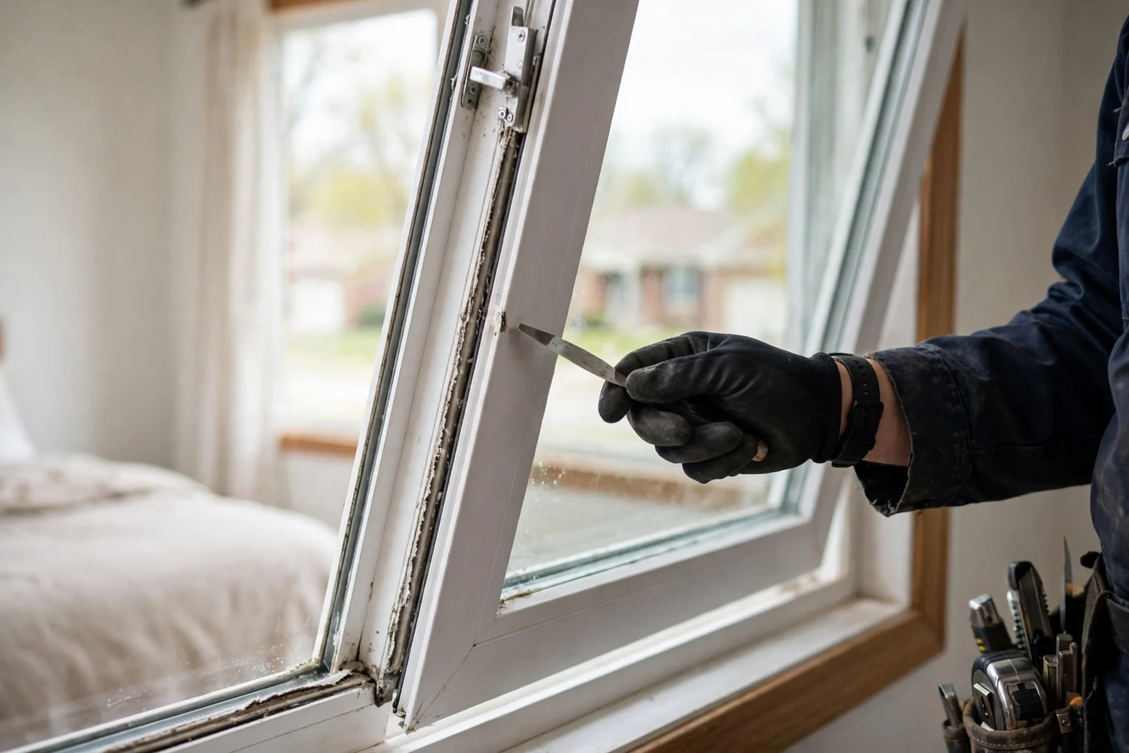 Close-up of a new double hung sash tilted inward showing clean weatherstrip contact