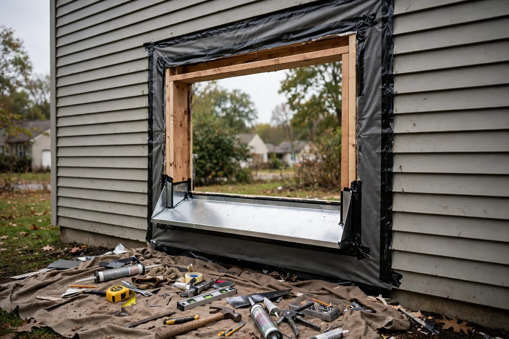 Rotted window sill removed and new framing prepared for a full-frame window installation