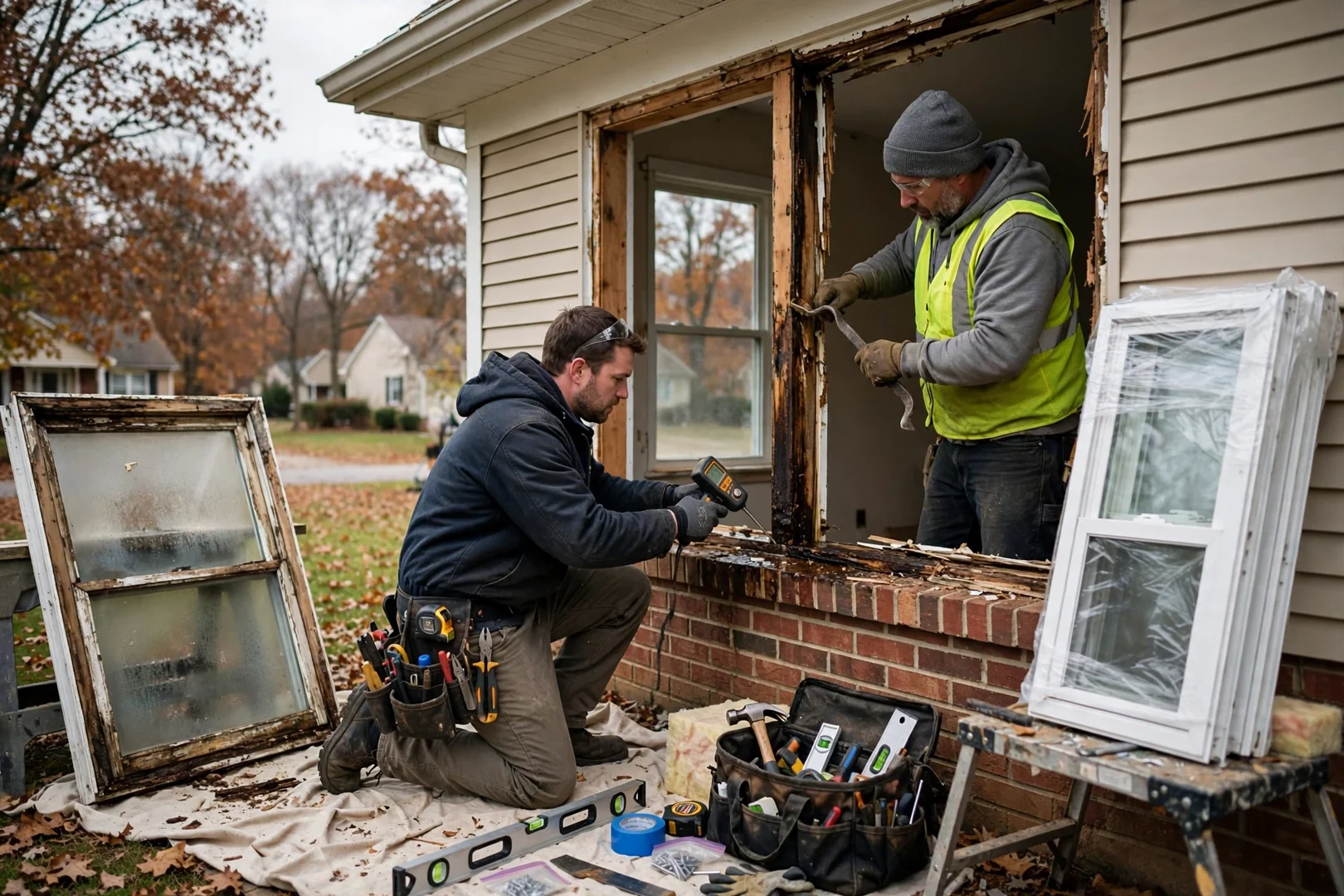 Whole-home double hung window replacement in progress across a suburban O'Fallon residence