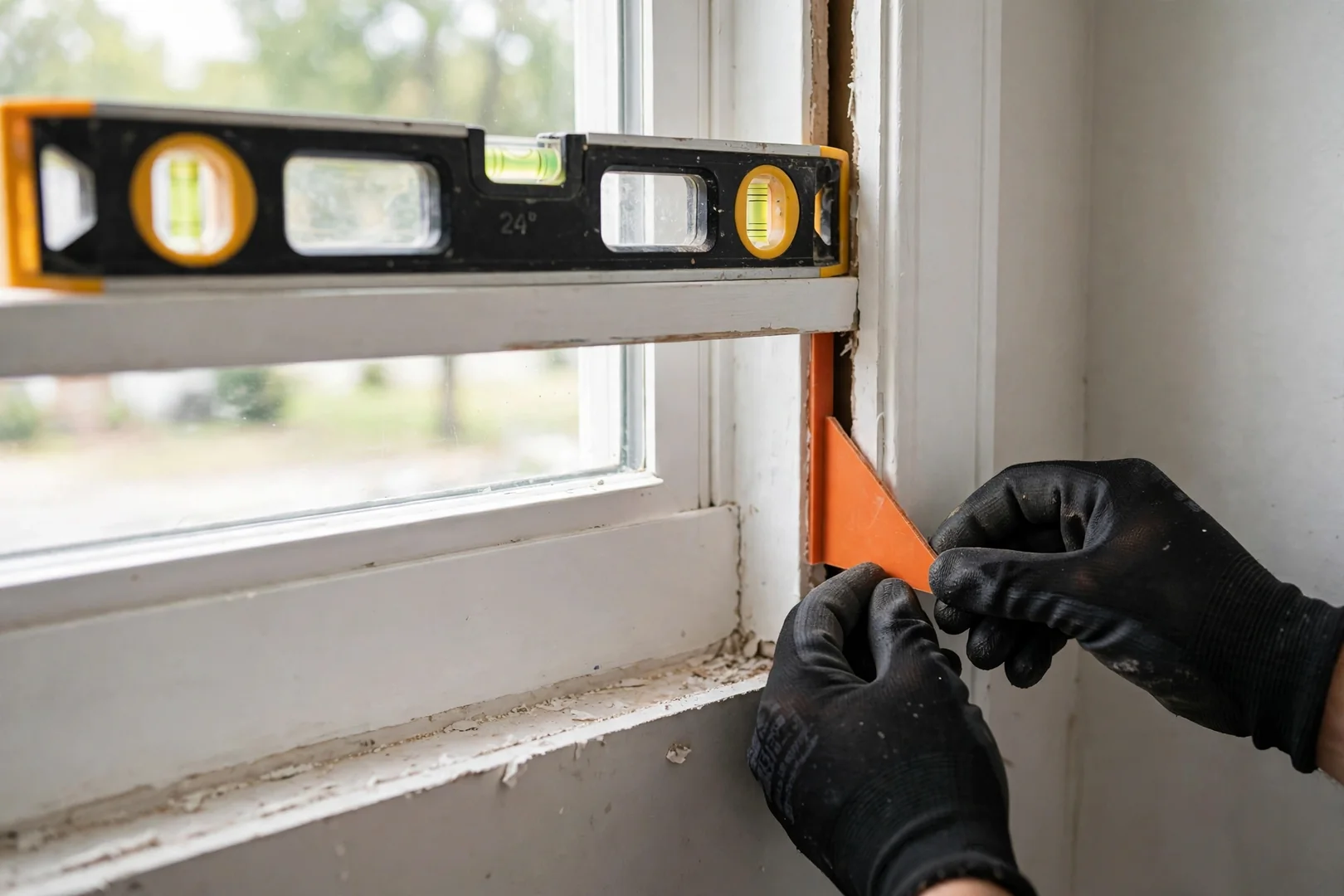 Installer shimming a double hung window jamb with a level resting on the frame