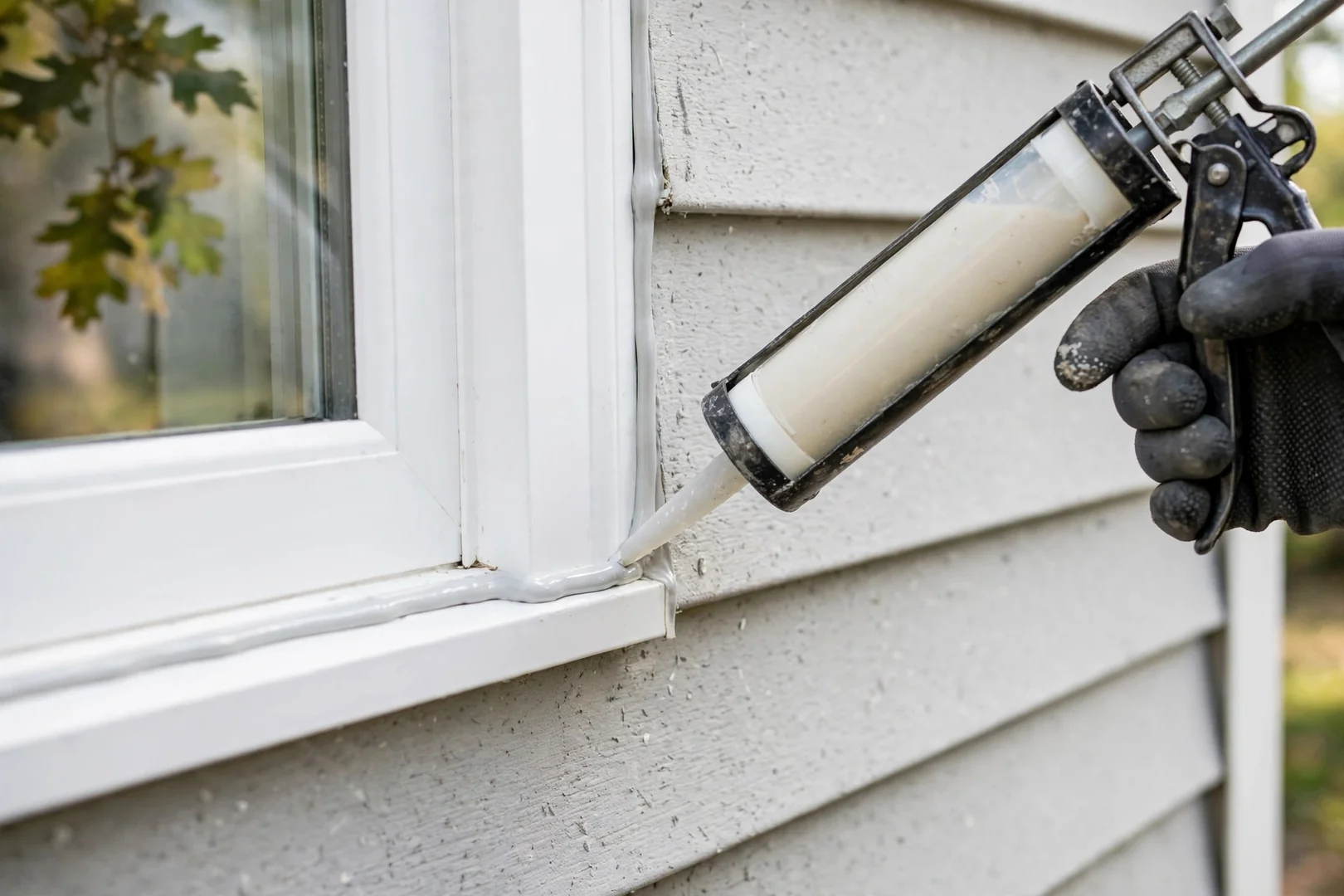 Exterior sealant bead being tooled along the perimeter of a newly installed window