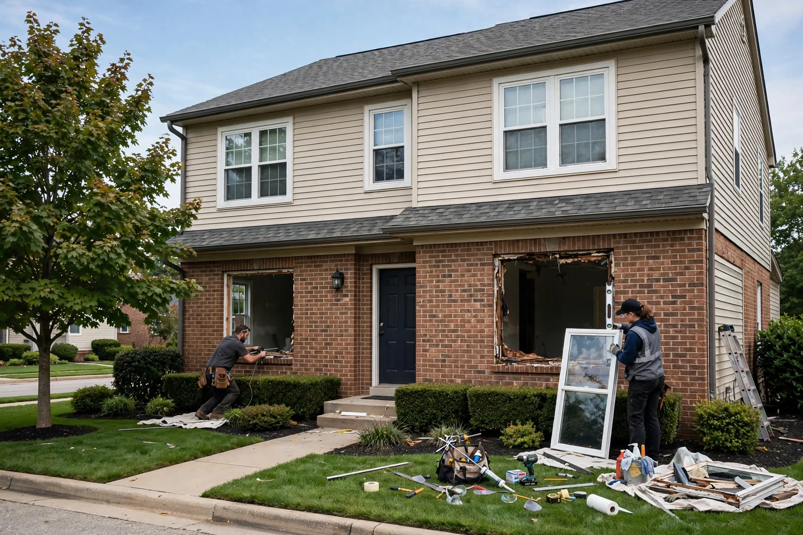 Completed double hung window replacement viewed from the curb of a residential O'Fallon street