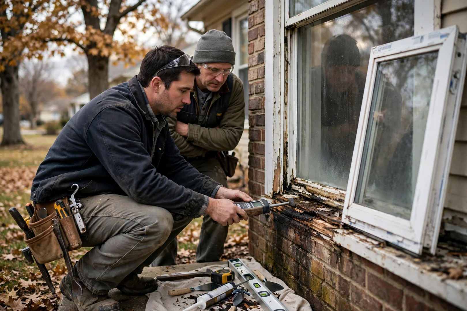 Crew cutting a basement foundation opening for a new egress window in O'Fallon