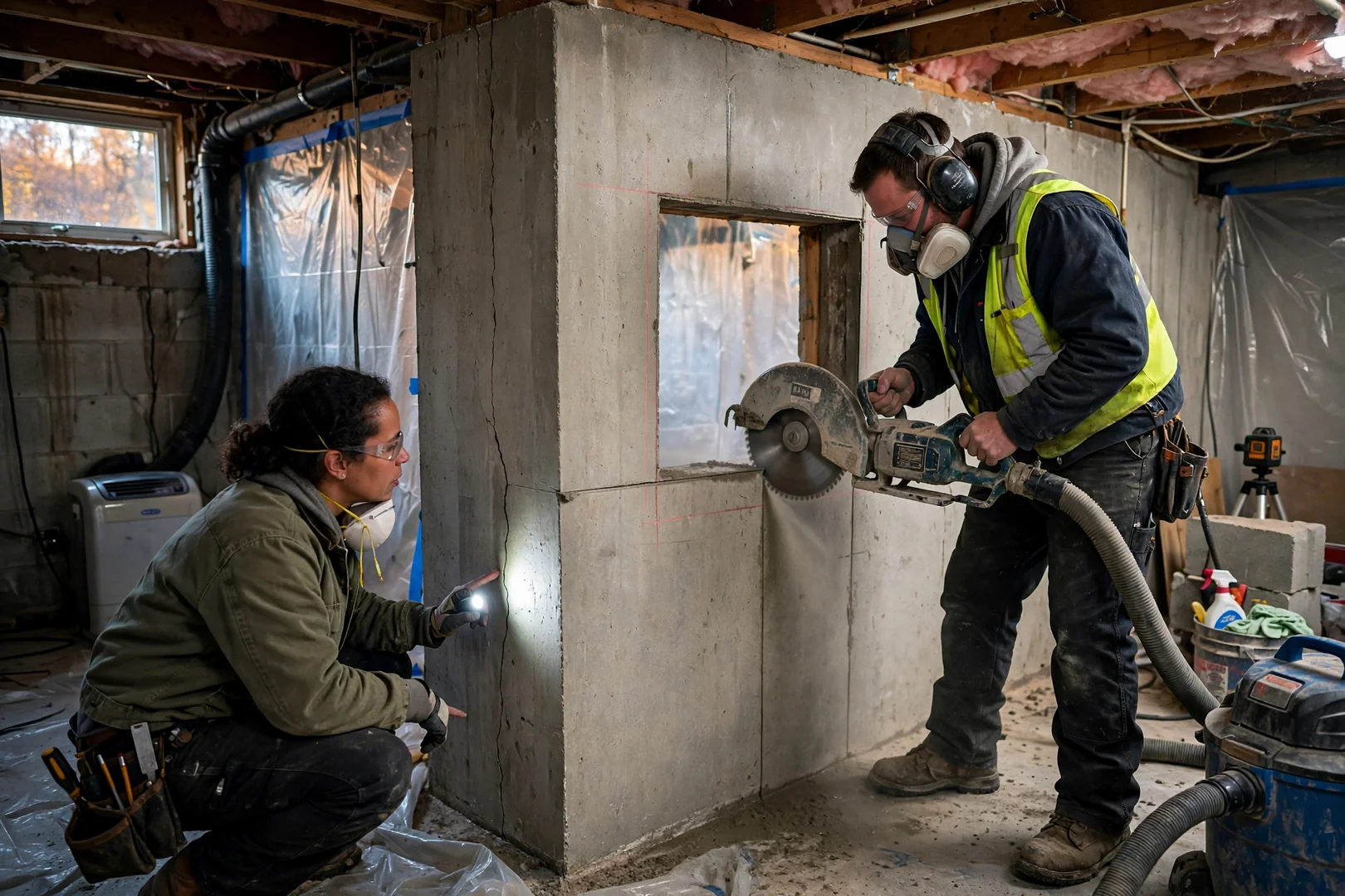 Concrete saw scoring a basement wall opening for a new egress window installation