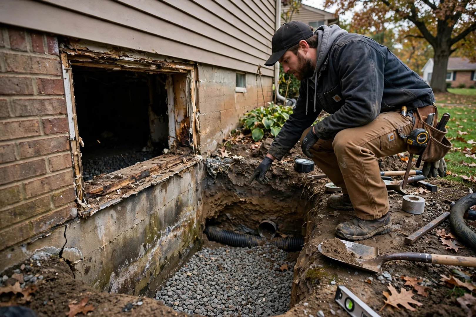 Excavated window well pit with gravel backfill beside a residential foundation