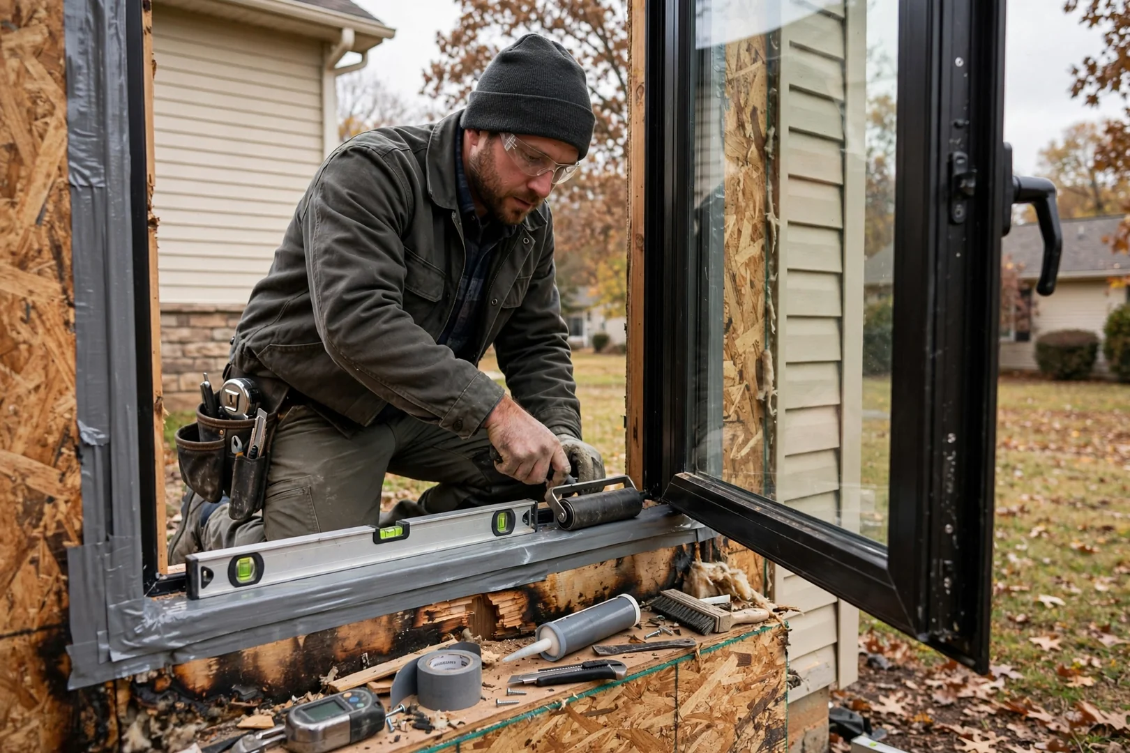 Casement egress window set plumb and sealed with exterior flashing tape