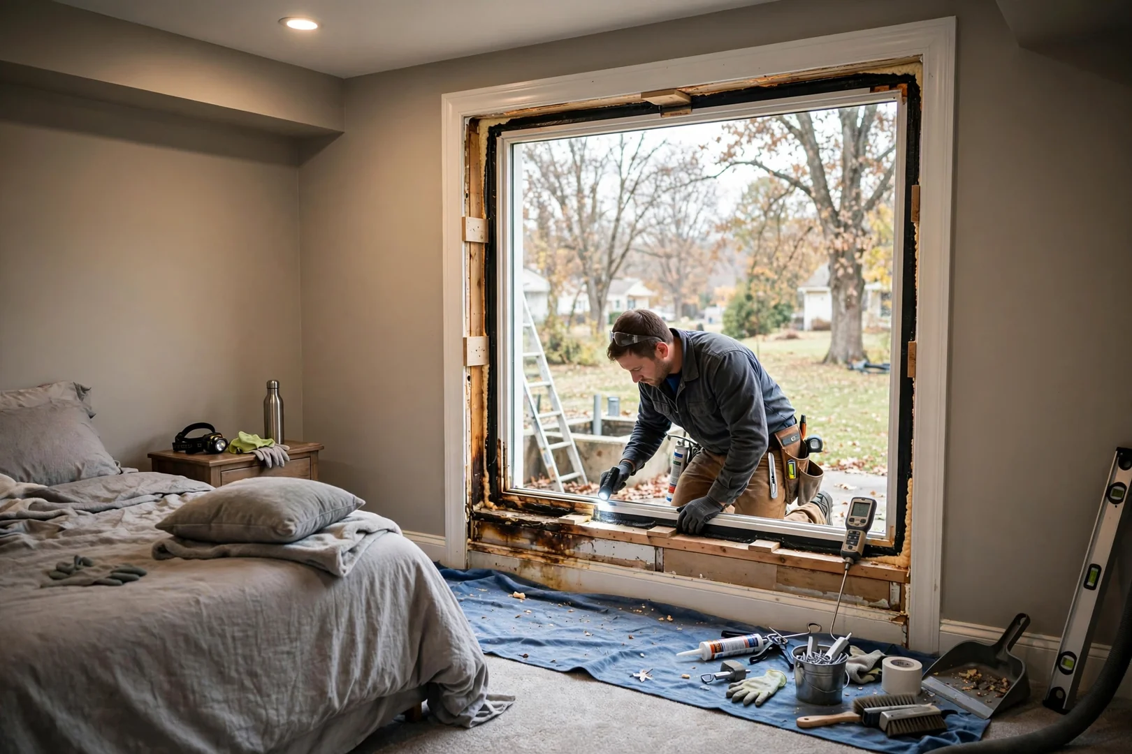 Finished basement bedroom interior showing bright egress window and trim returns