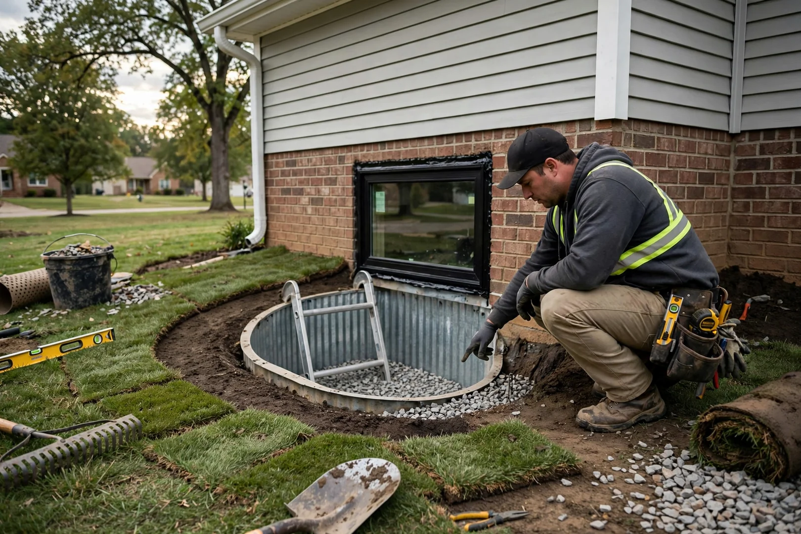 Restored grading and sod around a completed egress window well in O'Fallon