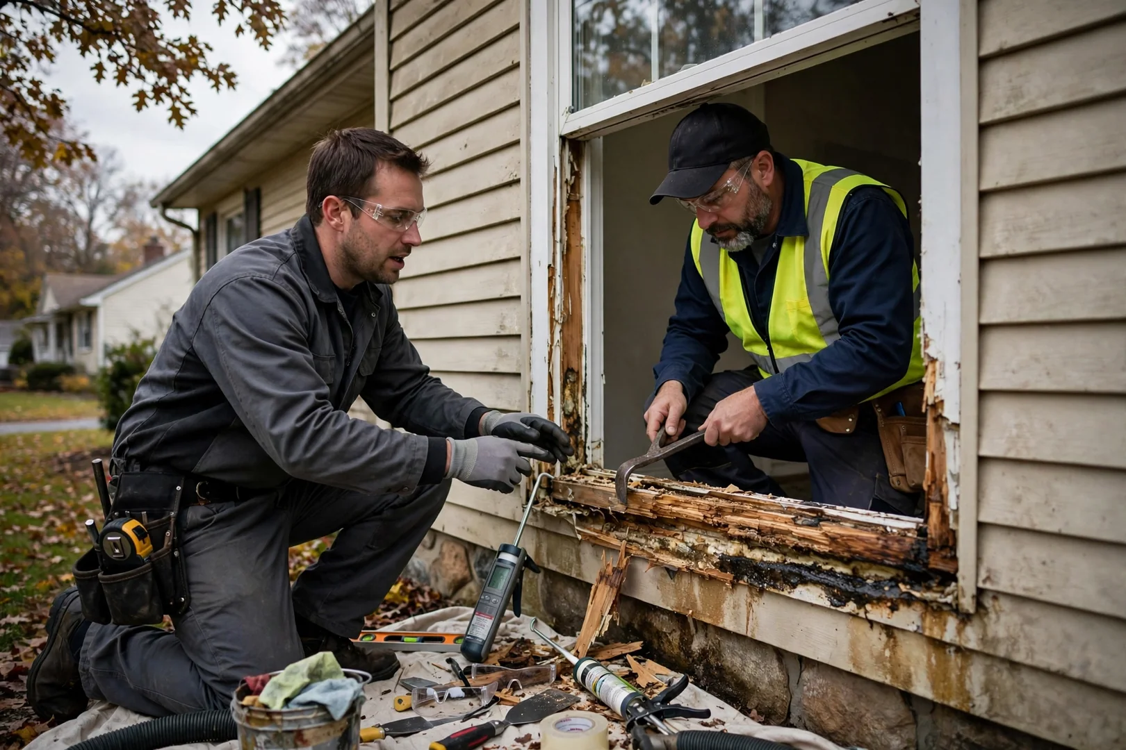 Installer setting a new insulated low-E window unit into a squared O'Fallon home opening