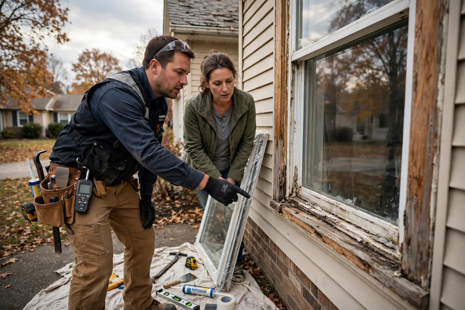 Installer setting a new energy efficient double pane window into a prepared opening