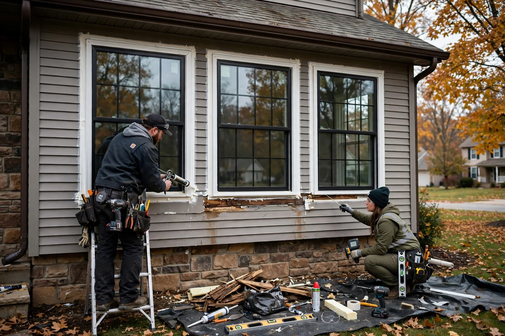 Row of new Low-E double hung windows on an O'Fallon two story home exterior