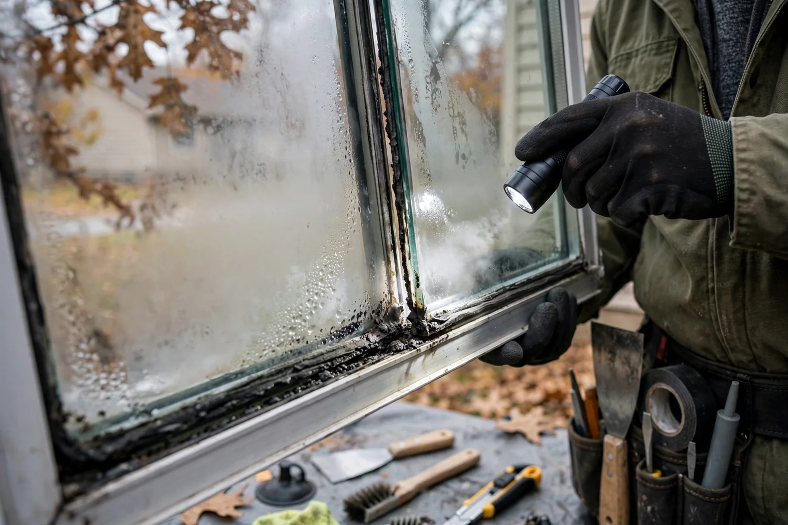 Close-up of failed insulated glass seal showing fogging between panes before replacement