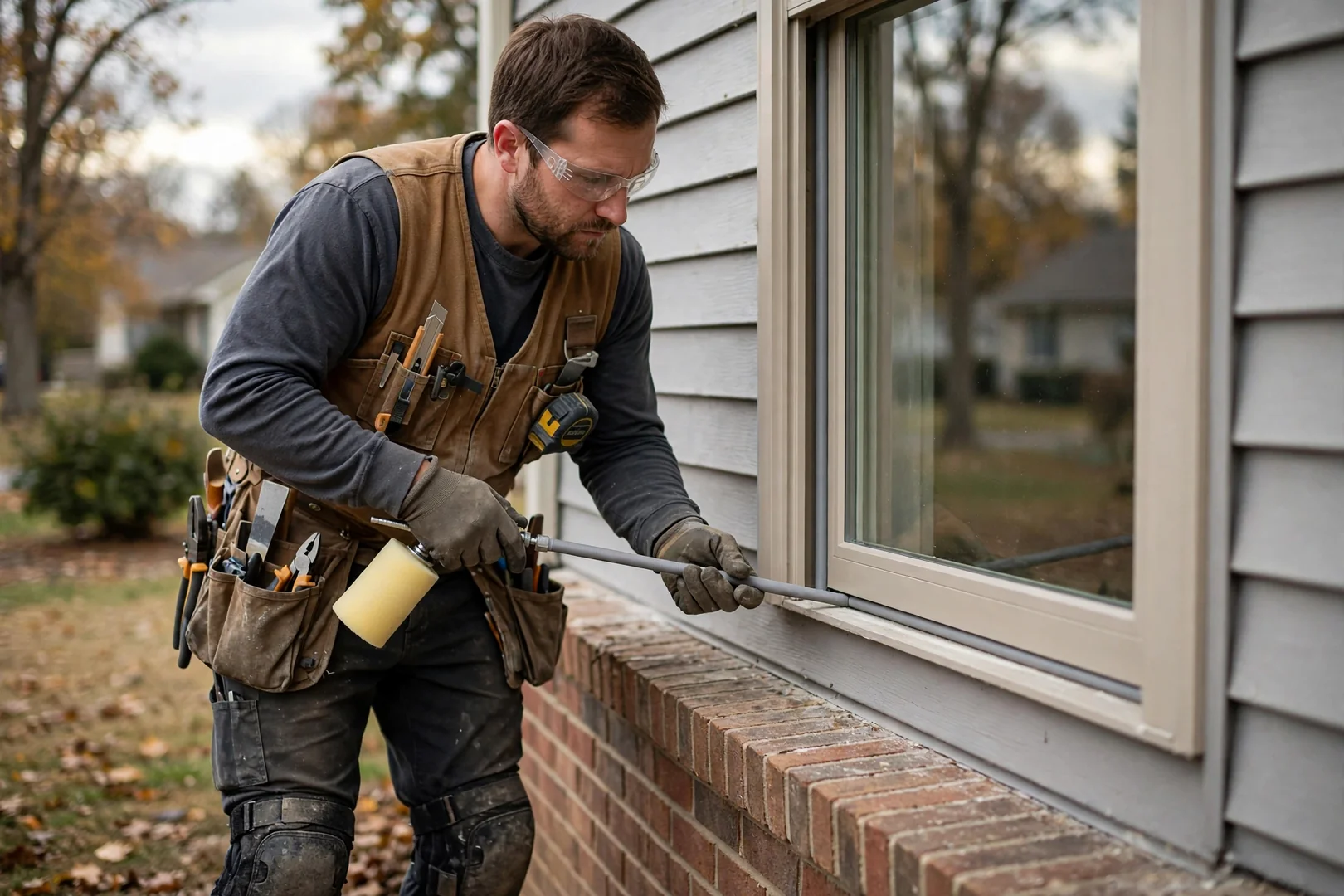 Installer applying low-expansion foam and backer rod around a new window frame