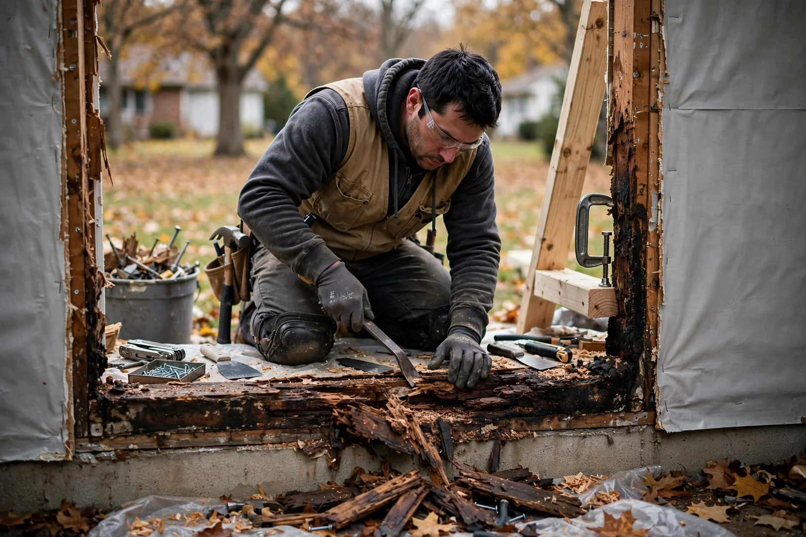 Full-frame tear-out revealing rotted sill and jamb repair in progress