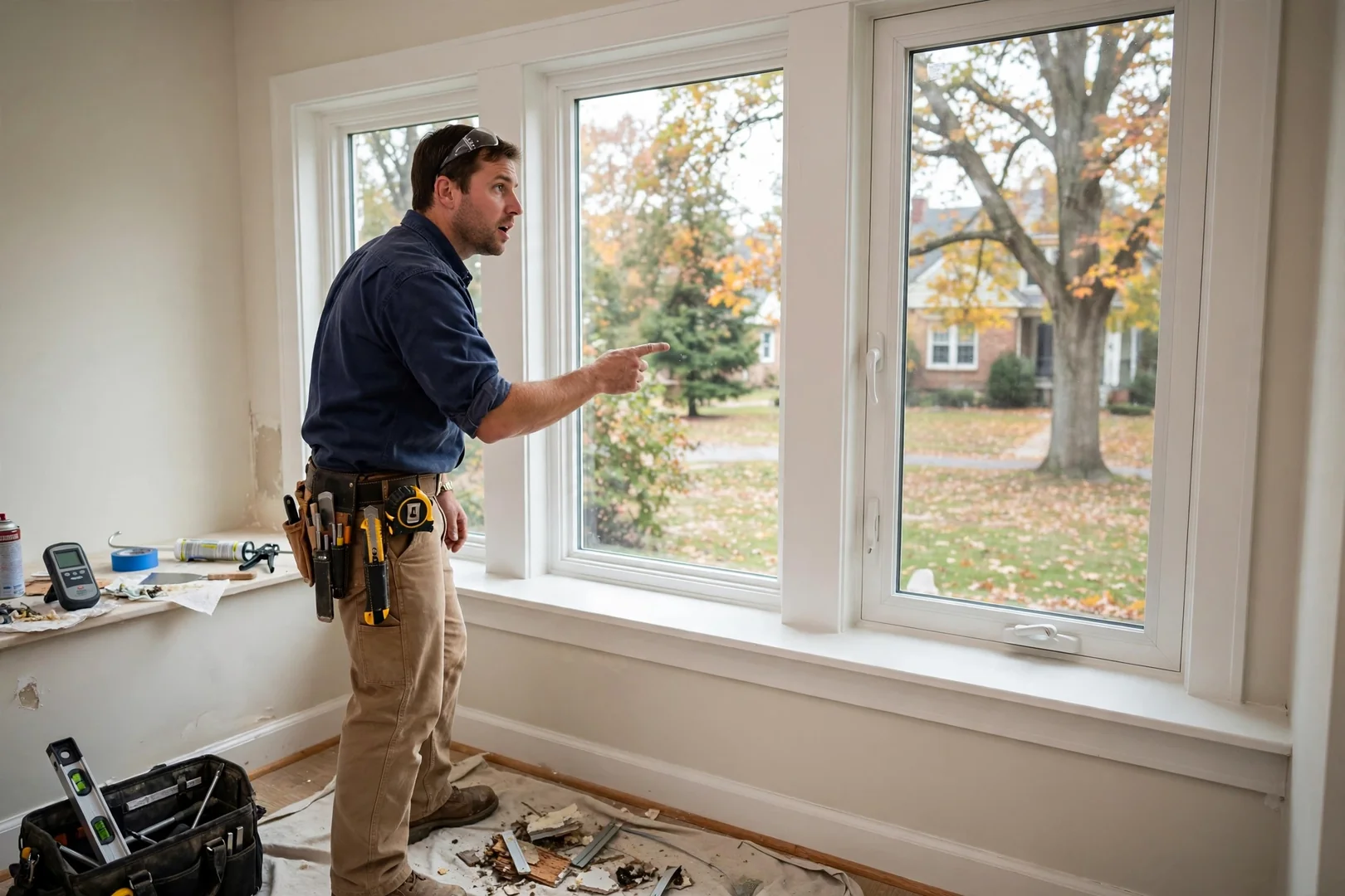 Finished energy efficient casement windows with clean interior casing and painted trim