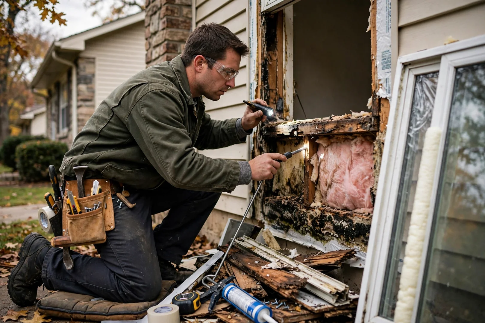 Written picture window replacement estimate reviewed beside a large fixed window opening
