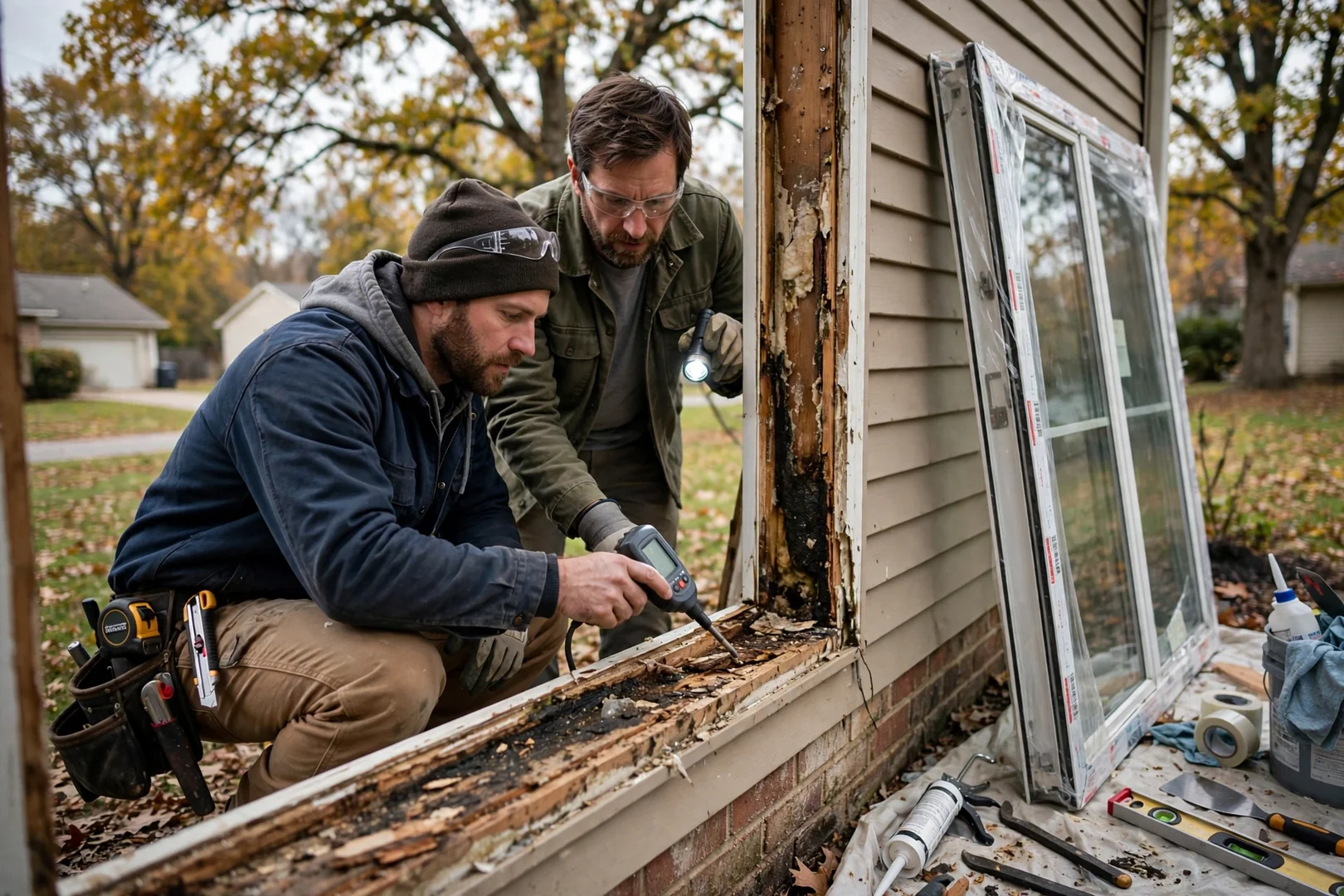 Installer setting a large fixed picture window into a prepared living room opening