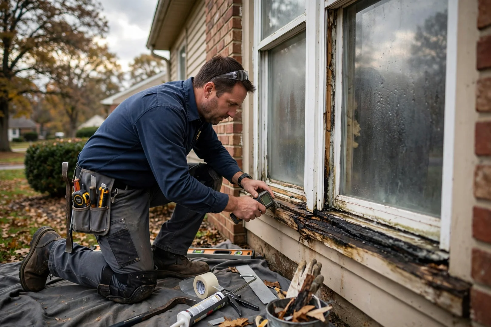 Installer setting a large picture window unit into a prepared opening on an O'Fallon home