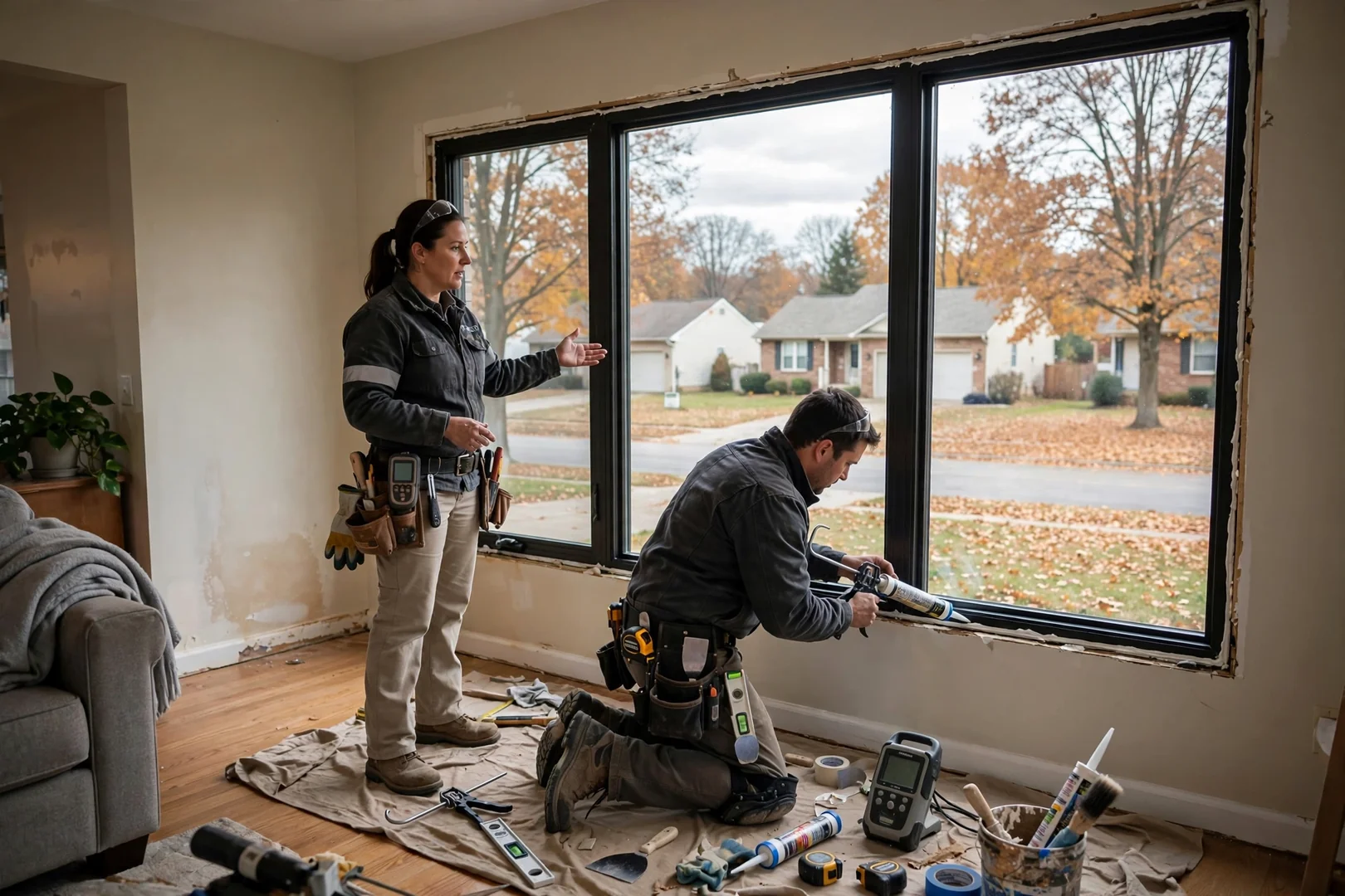Wide living room picture window newly installed with clean sightlines in an O'Fallon home
