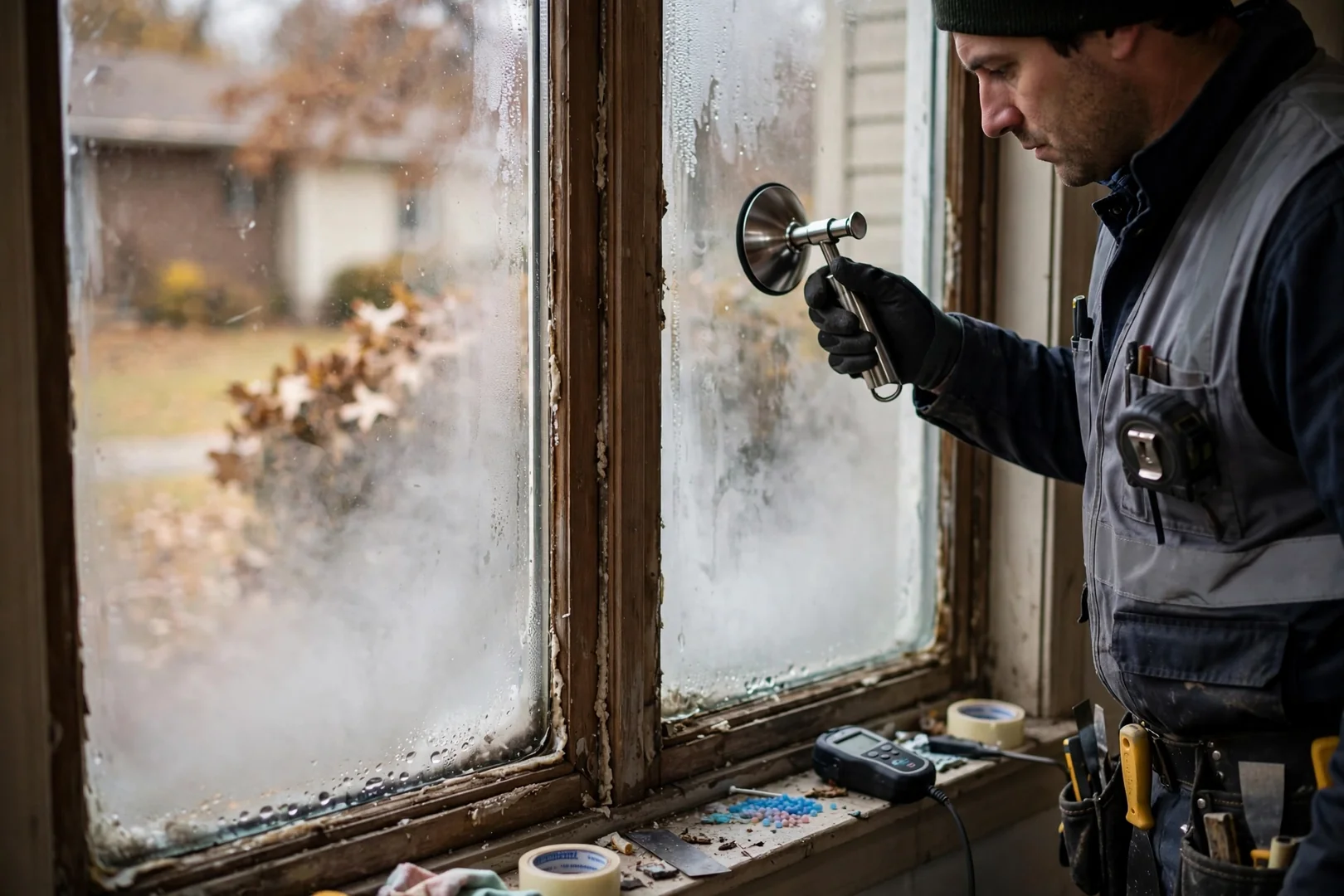 Close-up of failed insulated glass showing interior fogging before replacement